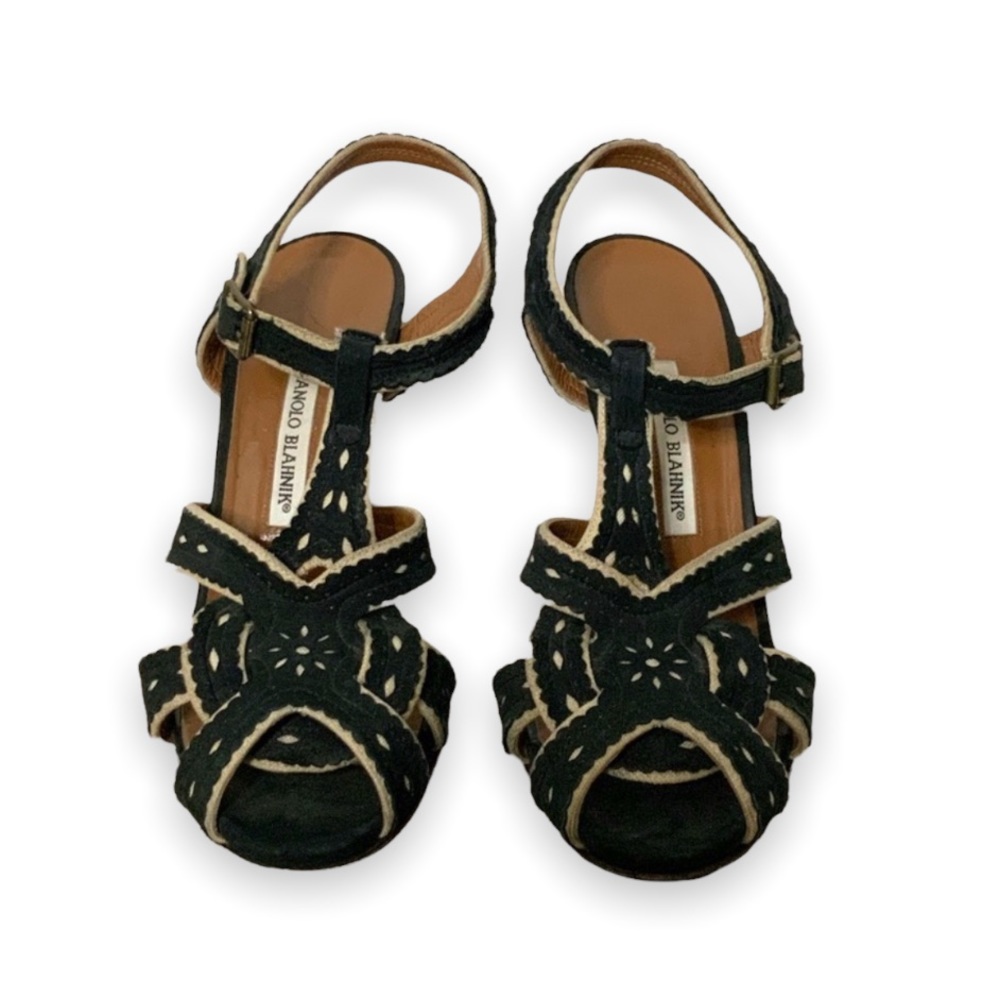 Manolo Blahnik Eyelet T-Strap Suede Sandal Heels